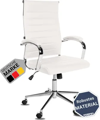 A white office chair is shown against a white background.