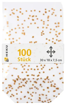 Obrázek produktu pro Balení 100 kusů průhledných sáčků s zlatými hvězdičkami, rozměry 300 x 180 x 75 mm