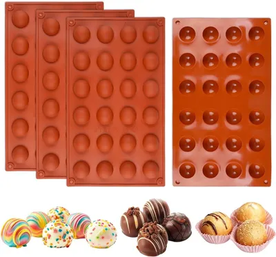 Productafbeelding van 4 siliconen mallen voor chocoladebonbons, in de vorm van halve bollen, met 24 holtes