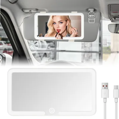 Image de Miroir de courtoisie pour voiture - Avec éclairage LED et 3 modes d'éclairage - À fixer sur la visière de soleil - Rechargeable - 23,5 x 12,7 x 1 cm - Noir