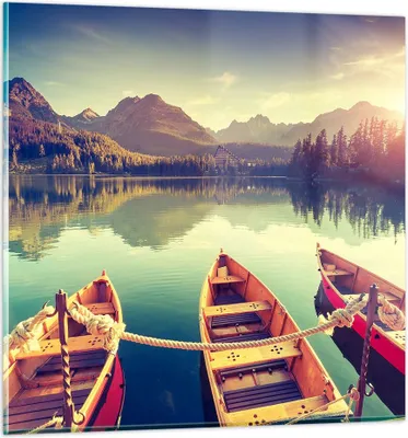 Produktbild von Bilder auf glas - Berge See Boot - 60x60cm - Glasbilder - Wandbilder - Kunstdruck - zum Aufhängen bereit - Wanddekoration aus Glas - Glas Bilder - Wandbild auf Glas - Einteilig - GAC60x60-3652
