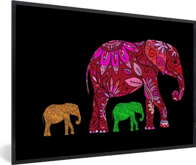 Produktbild von MuchoWow® MuchoWow® Gerahmtes Poster Elefanten - Muster - Blumen - Pflanzen 30x20 cm - Poster mit zchwarzem Bilderrahmen - Kunstdruck - Bild-Poster