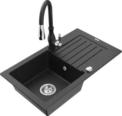 Produktbild von Mexen Pablo 1 Becken-Granitspüle mit Abtropffläche und Mischbatterie Savita, Schwarz/Silbermetallic - 6510-73-672601-70
