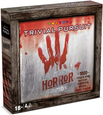 The image shows the front of a Trivial Pursuit board game box with a horror theme. The box has a distressed wood frame and a metallic-looking surface splattered with red paint, resembling blood. A bloody handprint is prominently displayed on the front.