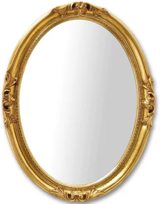 A studio shot of an oval mirror with a decorative gold frame.