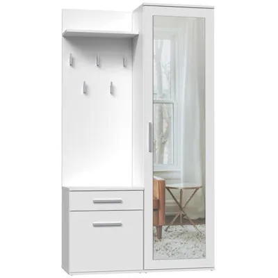 A white hall tree with a mirror and storage drawers.