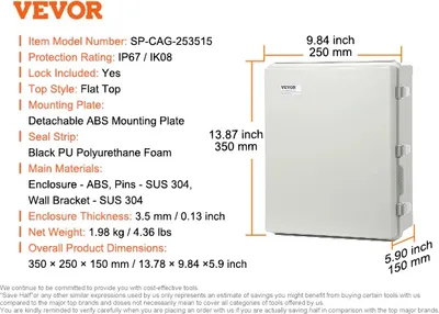 Zdjęcie produktu dla Elektryczna skrzynka przyłączeniowa, wodoodporna IP67, odporna na uderzenia, 350 x 250 x 150 mm