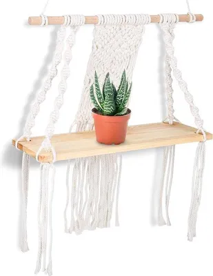Produktbild von Famanu Wandregal aus Holz mit Makramee - Boho Deko, handgefertigt, 32 x 15 cm