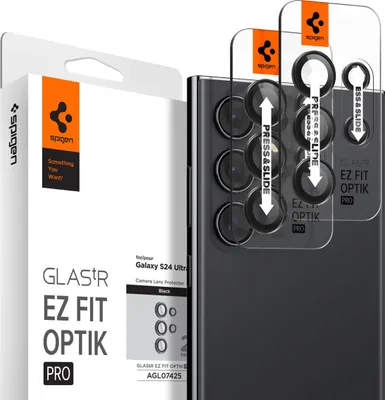 A product box and a smartphone with camera lens protectors being applied.