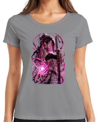 Produktbild von Anime Mädchen Katana Pinke Magie Tattoo Drache Japan Y2K Otaku Damen T-Shirt, Grau, XL