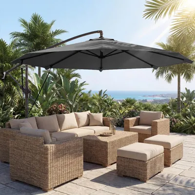 Produktbild von Sonnenschirm mit Kurbel Kreuzfuß Windseilen und Schutzhülle Verstellbarem Neigungswinkel Solar Marktschirm Gartenschirm ca. Ø300 cm Dunkelgrau