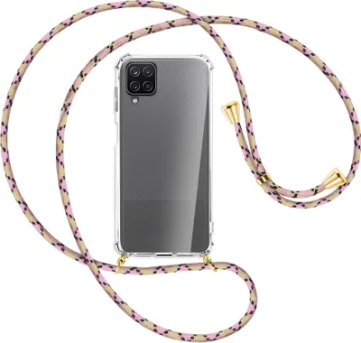 Produktbild von Handykette Backcover-Schutzhülle mit Band (Metall goldfarben) für Samsung Galaxy A12 - rosa Karo