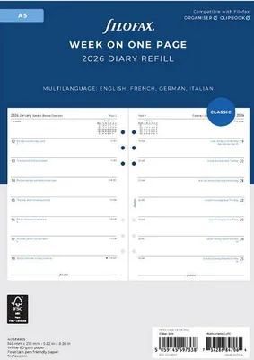 Produktbild von FILOFAX Kalendereinlage 2026 - A5 - 1 Woche = 1 Seite - weiss - mehrsprachig - 26-68517