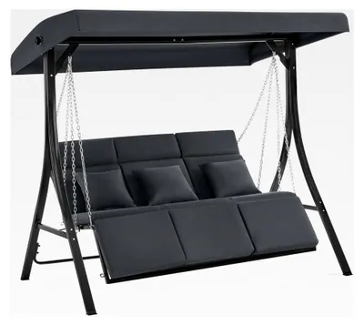 Produktbild von Hollywoodschaukel mit Liegefunktion, Gartenschaukel für 3 Personen, wetterfest, Outdoor, Schaukelbank mit Metallketten, verstellbarem Dach, 123 * 194 * 169 cm, Dunkelgrau