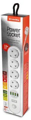 Productafbeelding van ColorWay CW-CHE44W, stopcontact met 4 stopcontacten / 4 USB-poorten, wit, 2 meter