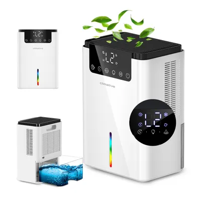 A collage of images showing a white dehumidifier with a black top and digital display. One image shows the dehumidifier with water in its collection tank, and another shows green leaves blowing off the top, suggesting air purification.