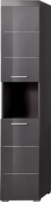A tall, narrow, gray cabinet with multiple shelves and drawers, shown against a white background.