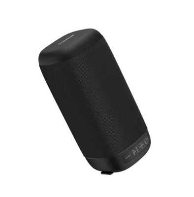 A black cylindrical Bluetooth speaker is shown against a white background.