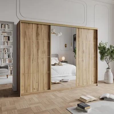 Produktbild von Masseno Schiebetürenschrank VARO 250/205/60 cm Kleiderschrank mit 4 Schubladen Schlafzimmer Schrank 3-türig mit Spiegel Eiche Wotan