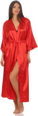 Produktbild von Damen langes Kimono Nachtmantel Seidenrobe Morgenmantel,  Rot S