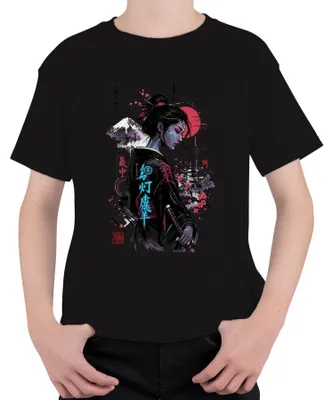 Productafbeelding van Cyberpunk Ge Samurai Katana Japan Fuji Sakura Y2K T-shirt voor kinderen, zwart, maat 116