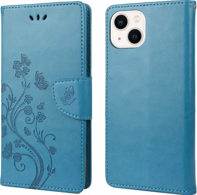 Produktbild von Mobigear Flowers iPhone 14 Hülle Klapphülle Geldbörse - Blau