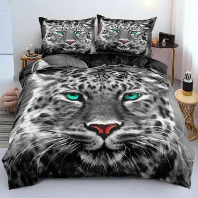 Produktbild von 3D Bettwäsche 200x200 cm Leopard Tiermotiv Grau Türkis 3-teilig Mikrofaser mit Reißverschluss und 2 Kissenbezügen 80x80 cm