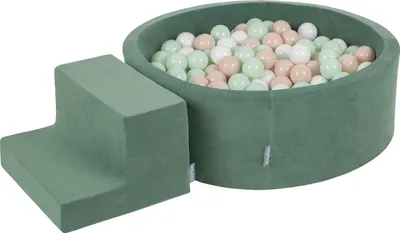 Produktbild von KiddyMoon spielplatz velvet aus schaumstoff mit samt rund bällebad bällebad (200 bälle) + stüfchen ballgruben für babys spielbad hindernisläufen, hergestellt in der eu, pastellbeige/weiß/minze