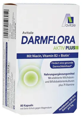Produktbild von Nahrungsergänzungsmittel, Avital, Darmflora Aktiv Plus, 100 Milliarden lebende Probiotika aus 10 nützlichen Stämmen pro Portion, 80 Kapseln