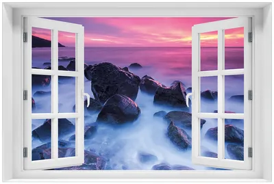 Produktbild von Wallario Premium Glasbild mit Fensterrahmen, freischwebende Optik, kräftige Farben, Größe 60 x 90 cm Motiv Felsen im Meer bei Sonnenuntergang