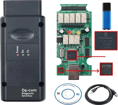 A collage of an automotive diagnostic interface, its internal circuit board, a USB drive, a cable, and a CD.