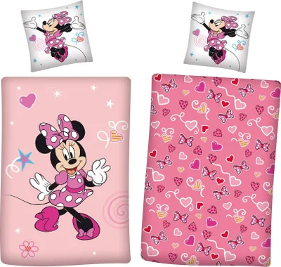 Produktbild von Minnie Mouse Flanell Bettwäsche rosa Motiv mit Herzen und Schleifen 135x200 + 80x80 cm Bettwäsche Set für Mädchen