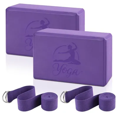 Productafbeelding van Set van 2 yogablokken en 2 yogariemen - Gemaakt van antislip EVA-schuim