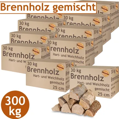 Obrázek produktu pro Palivové dřevo Smíšené palivové dřevo 300 kg Buk Dub Bříza Borovice Smrk Dřevo pro kamna a krb Krbová mísa Grilovací dřevo 25 cm Komorové dřevo Sušené Flameup