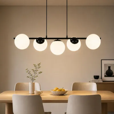 Image de Suspension ZMH, idéale pour table à manger, lustre en verre, modèle à 5 lumières, douille E27, hauteur réglable (150 cm), design créatif, parfait pour salle à manger, salon ou bar, couleur noire, Image générée par une IA