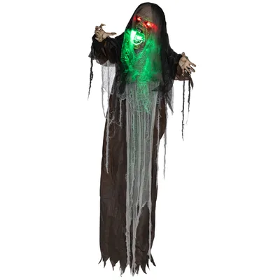 Zdjęcie produktu dla HOMCOM 183 cm Halloweenowa dekoracja wisząca potwór z zielonymi diodami LED, funkcją dźwięku, dekoracja drzwi wejściowych z regulowanymi ramionami, figurka ogrodowa naturalnej wielkości na imprezę