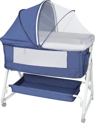 Image de Lit bébé avec table à langer Lit d'appoint réglable en 6 positions Poussette avec roulettes & moustiquaire 90x50x110cm bleu marine