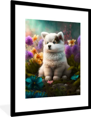 Produktbild von MuchoWow® Gerahmtes Poster Welpe - Blumen - Pflanzen - Natur - Husky 60x80 cm - Poster mit Schwarzem Bilderrahmen Wandposter Rahmen Foto Bilder - Wohnzimmer - Dekorationen - Prämie