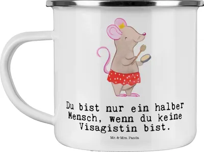 Produktbild von Mr. & Mrs. Panda Teetasse Visagistin Herz - Weiß - Geschenk, Emaille Tasse, Haferl, Lustig, Kosmetikstudio, Reisebecher, Campingbecher, Maskenbildnerin, Pott, Spruch