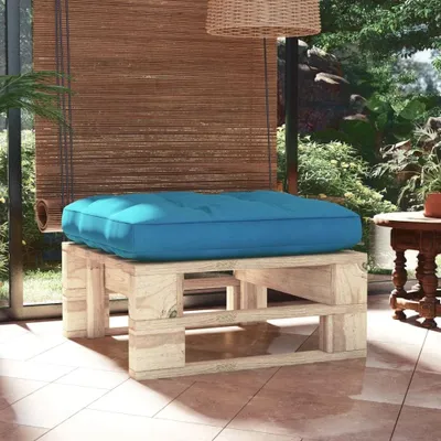 Produktbild von Garten-Palettenhocker aus imprägniertem Kiefernholz, 60x60x25 cm, mit blauem Kissen, witterungsbeständig, für Terrasse, Außenbereich, Balkon, Sofa und Garten-Lounge
