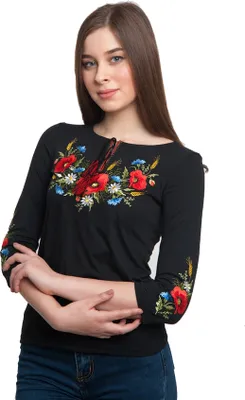Produktbild von Ukrainische  gestickte   Vyshyvanka Motiv Feldblumen für Frauen mit 3/4 Ärmeln  in Form eines schwarzen T-Shirts Größe L