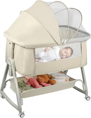 Imagen del producto de Cuna auxiliar con mosquitera, cuna 4 en 1, 6 niveles de altura, inclinación ajustable, 4 ruedas