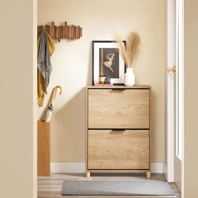 An entryway with a shoe cabinet, coat rack, and umbrella stand.