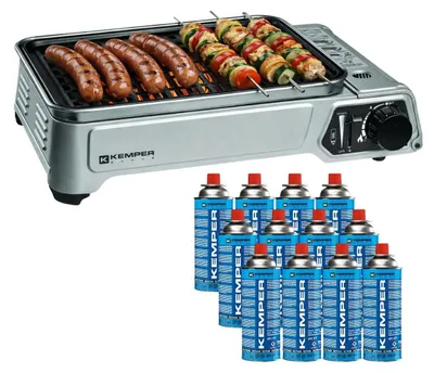 Image de Barbecue à gaz 1900W Grille anti adhesive + 12 cartouches gaz camping KEMPER