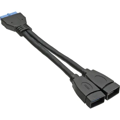 Produktbild von InLine USB 3.0 Adapterkabel, 2x Buchse A auf Pfostenanschluss 19polig, 0,15m, 0,15 m, 2x USB A, 19 pin, Schwarz