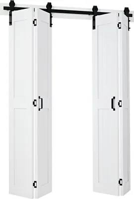 Produktbild von Falttür für Scheunentür, 1219 x 2134 mm, MDF-Falttüren für Schränke, inklusive Beschlagset, platzsparendes H-Rahmen-Design, vormontierte Paneele für Schlafzimmer, Wohnzimmer und Raumteiler, weiß