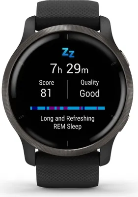 A close-up of a Garmin Venu 2 smartwatch displaying sleep tracking data.