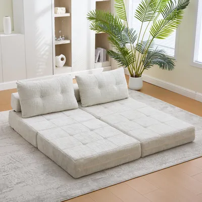 Image de MODFU Fauteuil Convertible - 1 Place Matelas Pliable Coussin Inclus Tissu Chenille Beige