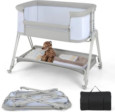 Produktbild von Höhenverstellbarer Stubenwagen, tragbares Beistellbett für Babys 90 x 50 cm, 3-in-1-Babybett mit Matratze, Reisebett für Babys von 0-6 Monaten, Zustellbett mit atmungsaktivem Netz in Hellgrau