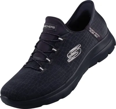 A single black Skechers slip-on sneaker is shown from a diagonal angle against a white background.